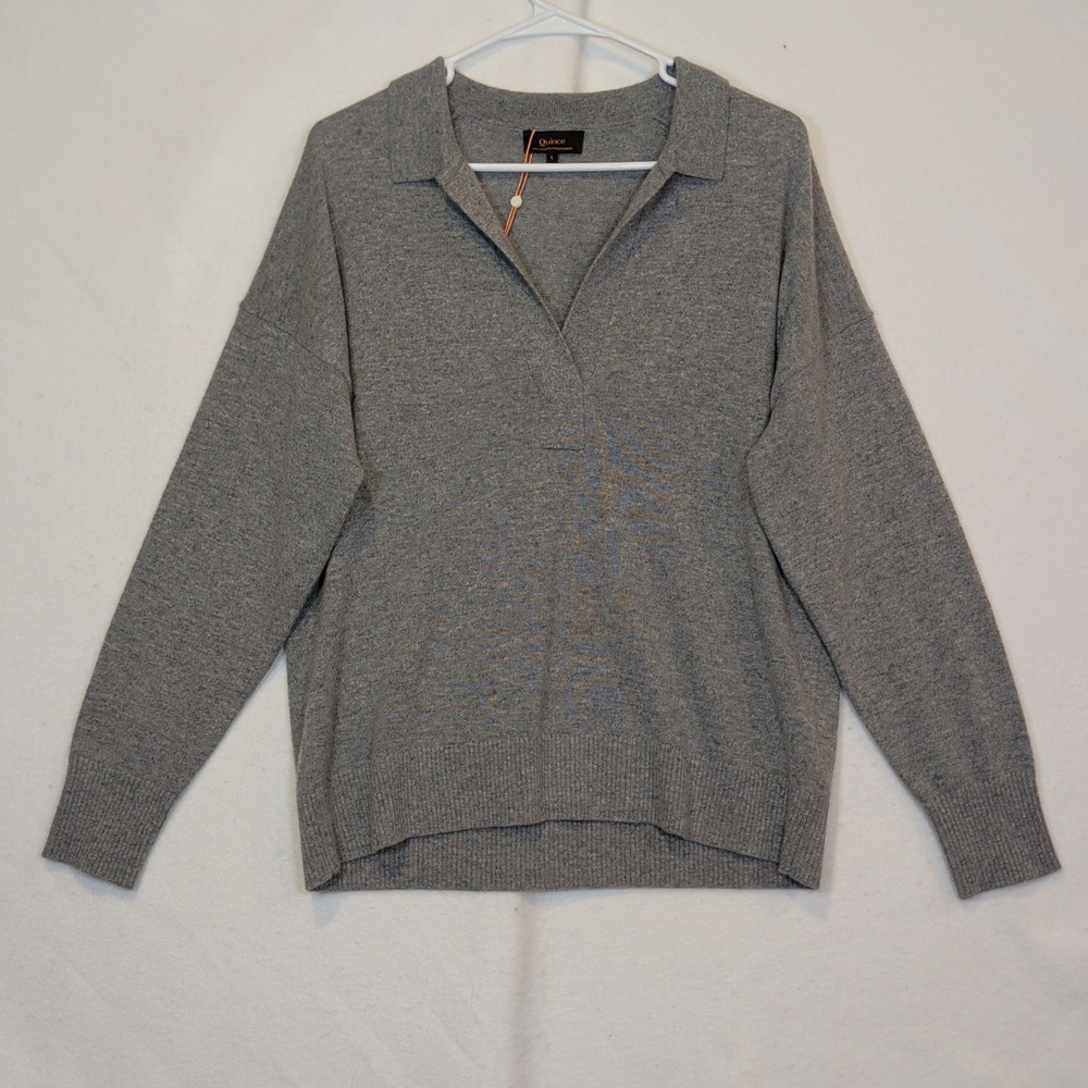 Quince Mongolian Cashmere Polo Sweater Heather Grey L NWT